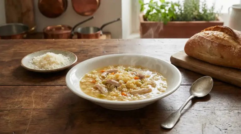 Ciotola fumante di pastina in brodo con verdure e carne su tavolo rustico.