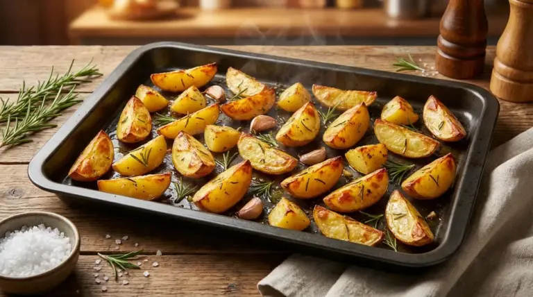 Patate al forno dorate in una teglia con aglio e rosmarino su un tavolo rustico