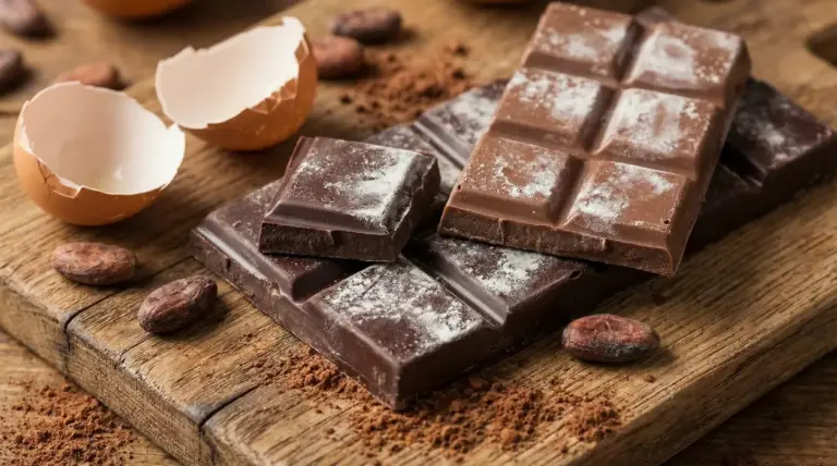 Barrette di cioccolato con patina bianca su un tagliere di legno accanto a fave di cacao e gusci d'uovo.