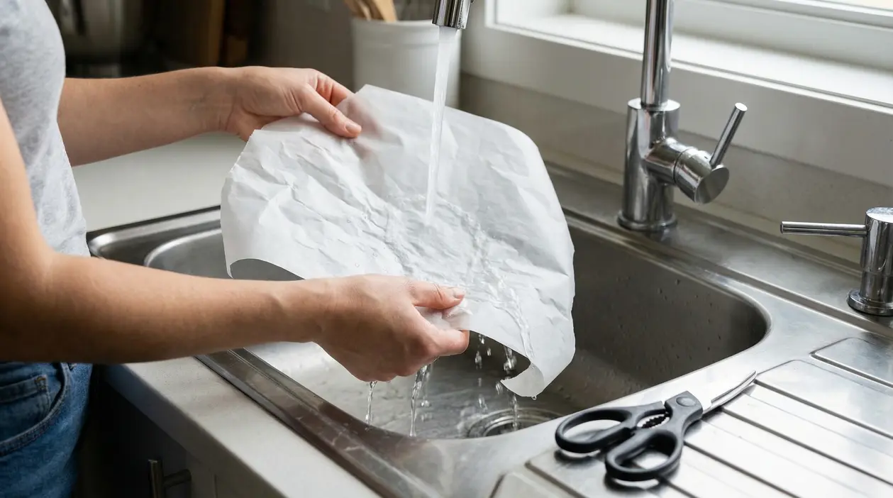 Persona che bagna un foglio di carta forno sotto l'acqua corrente in cucina