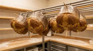 Panettoni appesi a testa in giù su griglie in una cucina artigianale