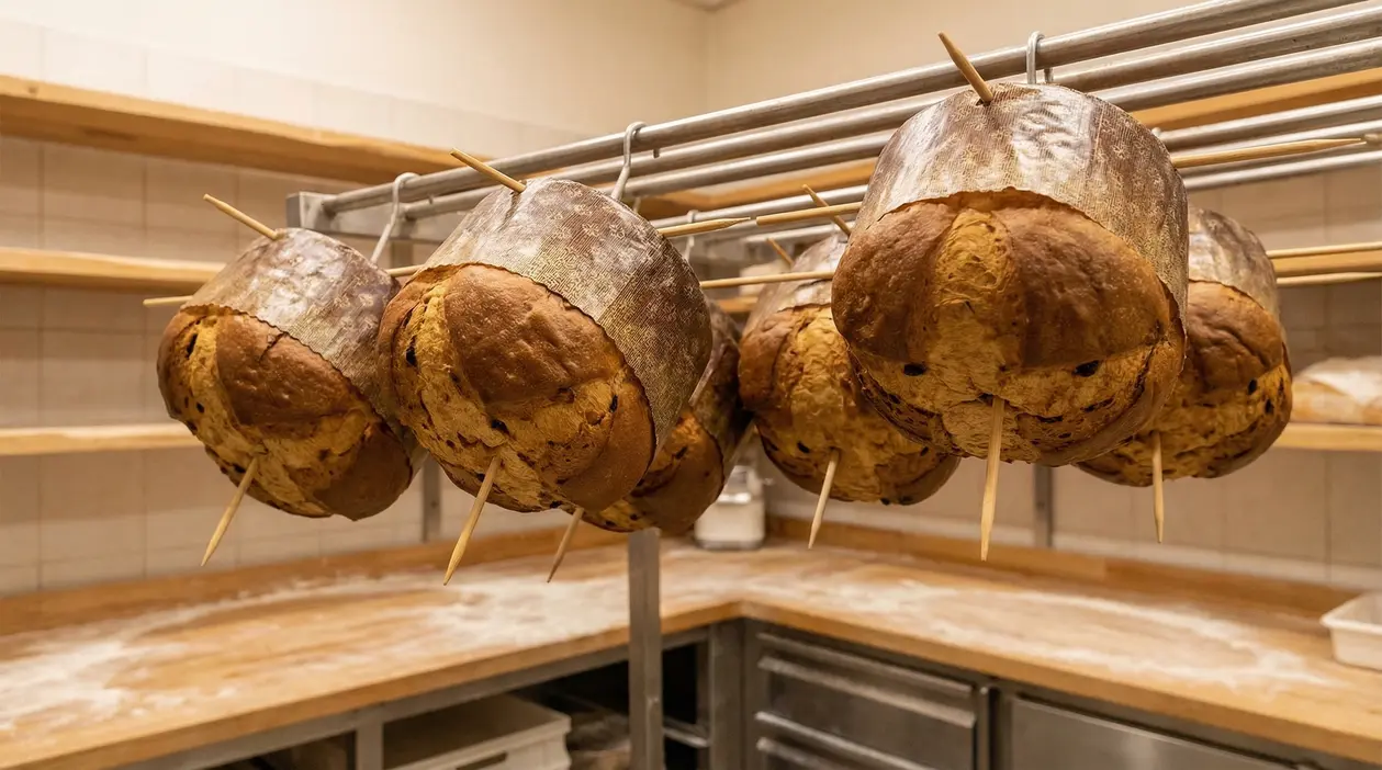 Panettoni appesi a testa in giù su griglie in una cucina artigianale