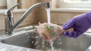Una mano con guanto viola lava un coscio di pollo crudo sotto l'acqua corrente in un lavandino.