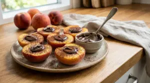 Pesche fresche tagliate a metà e farcite con crema al cioccolato su un piatto in cucina