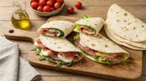 Piadine farcite con salumi, formaggi e verdure su tagliere di legno