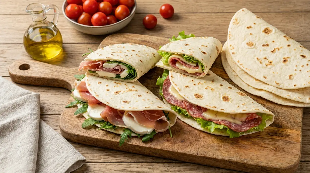 Piadine farcite con salumi, formaggi e verdure su tagliere di legno