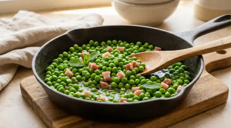 Piselli surgelati con pancetta in padella di ghisa su tagliere di legno