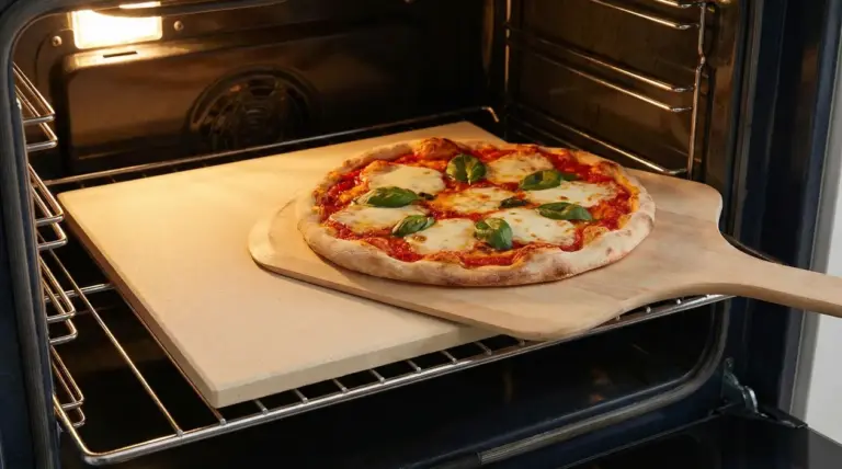 Pizza appena sfornata su pala di legno davanti a una pietra refrattaria in forno