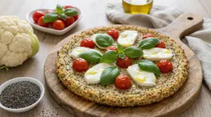 Pizza con base di cavolfiore e semi di chia, guarnita con pomodorini, mozzarella e basilico