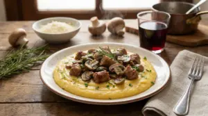 Piatto di polenta con salsiccia e funghi servito su un tavolo rustico