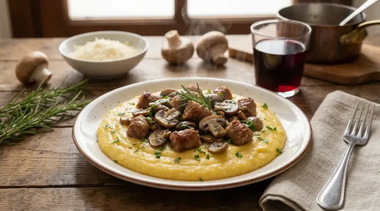 Piatto di polenta con salsiccia e funghi servito su un tavolo rustico