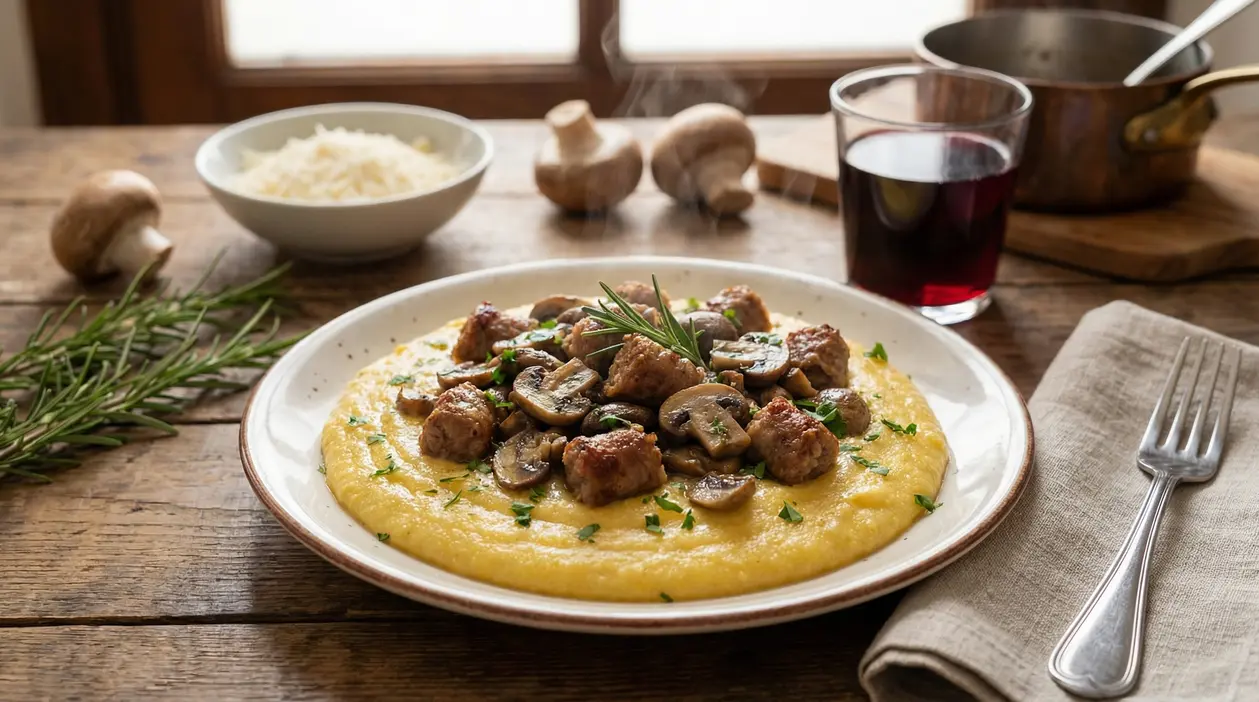 Piatto di polenta con salsiccia e funghi servito su un tavolo rustico