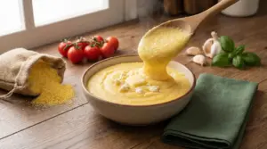 Ciotola di polenta cremosa con burro, vicino a farina di mais e ingredienti freschi su un tavolo