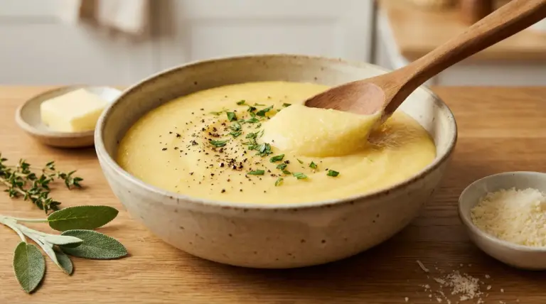Ciotola di polenta cremosa guarnita con erbe fresche e pepe nero su un tavolo in legno