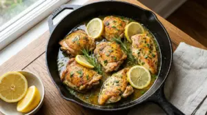 Cosce e petti di pollo al limone in padella con rosmarino e fette di limone