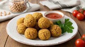 Polpette di ceci servite su un piatto con salsa di pomodoro e prezzemolo fresco