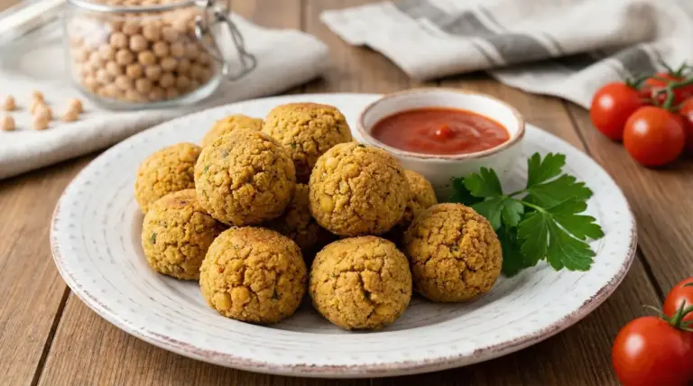 Polpette di ceci servite su un piatto con salsa di pomodoro e prezzemolo fresco