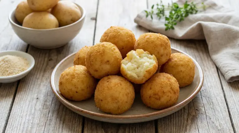 Polpette di patate dorate su un piatto, una con ripieno visibile