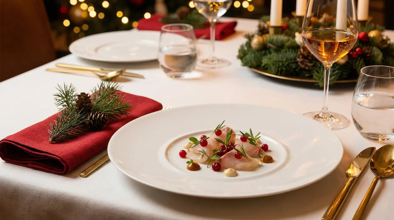 Piatto gourmet natalizio su tavola elegantemente apparecchiata con decorazioni natalizie