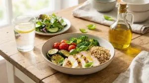 Piatto sano con pollo grigliato, quinoa, verdure e insalata su tavolo di legno