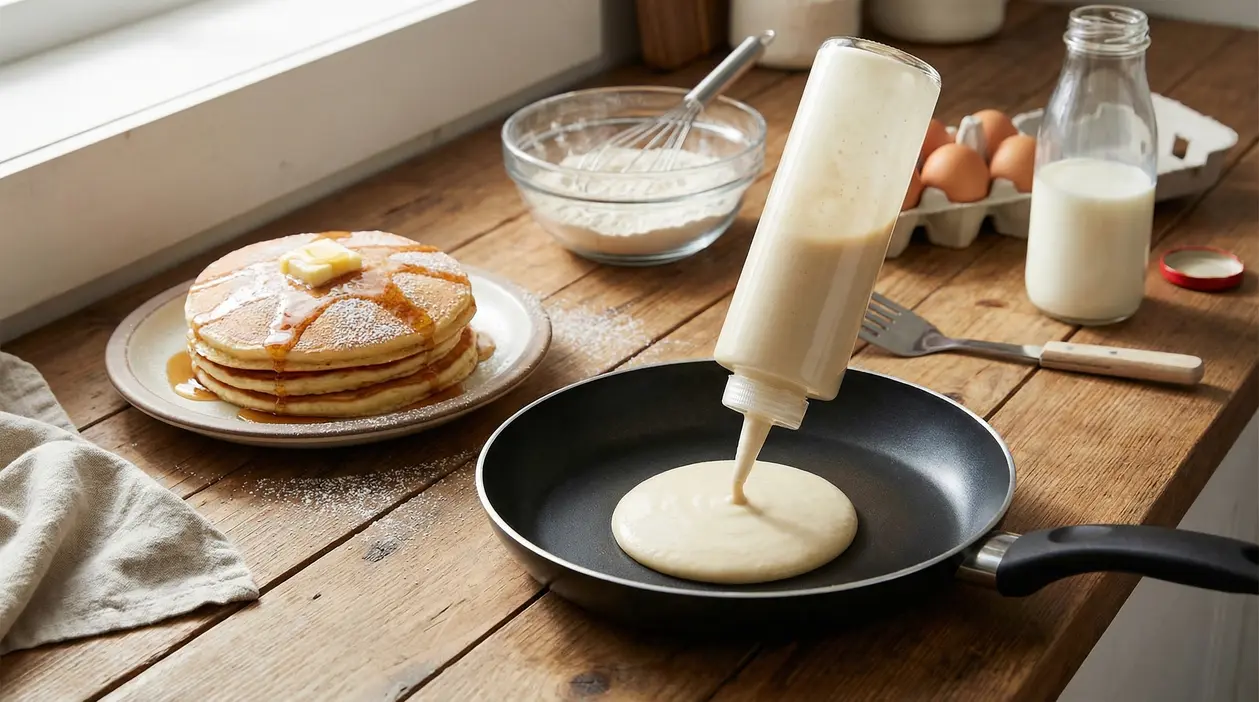 Impasto per pancake versato in padella da una bottiglia, con ingredienti e pancake sullo sfondo