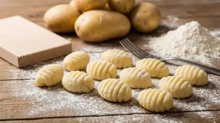 Gnocchi fatti in casa crudi su un tavolo infarinato con patate e farina sullo sfondo