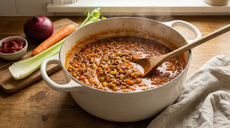Ragù alla bolognese in cottura in una pentola di ghisa con mestolo di legno