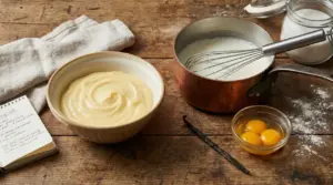 Ingredienti e crema pasticcera in ciotole e pentola su tavolo rustico