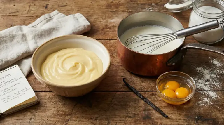 Ingredienti e crema pasticcera in ciotole e pentola su tavolo rustico