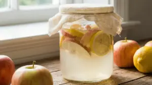 Barattolo di acqua fermentata con fette di mela e limone su un tavolo di legno
