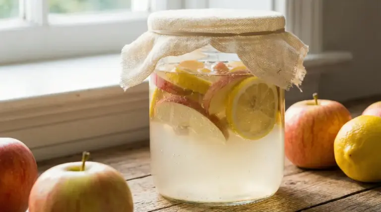 Barattolo di acqua fermentata con fette di mela e limone su un tavolo di legno
