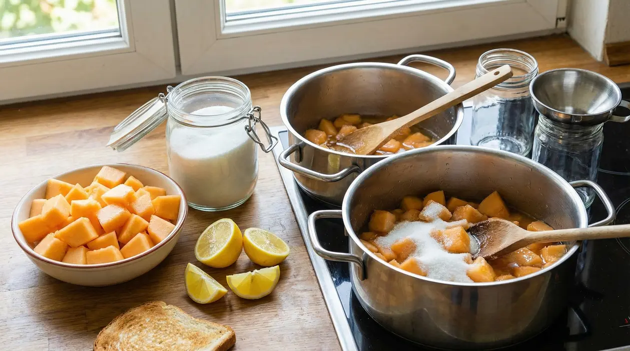 Preparazione della marmellata di melone con cubetti di melone, zucchero e limone in pentole sul fornello