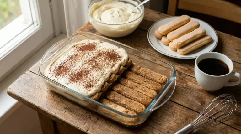 Preparazione di un tiramisù fatto in casa con savoiardi, crema e caffè su un tavolo rustico