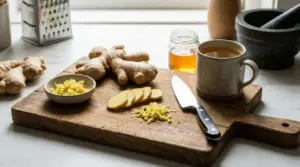 Radice di zenzero intera, grattugiata e a fette su un tagliere con coltello, miele e tisana