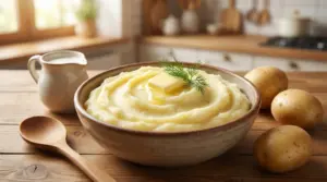 Ciotola di purè di patate cremoso con burro fuso e rametto di aneto su tavolo in cucina