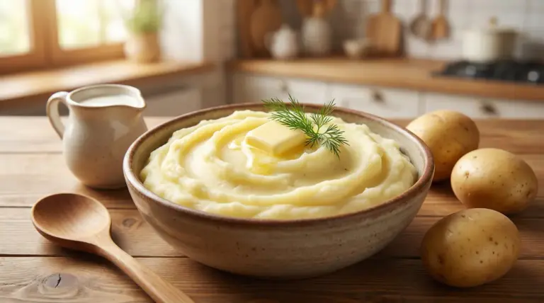 Ciotola di purè di patate cremoso con burro fuso e rametto di aneto su tavolo in cucina