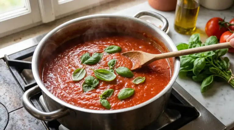 Pentola di sugo di pomodoro con foglie di basilico fresco e cucchiaio di legno.