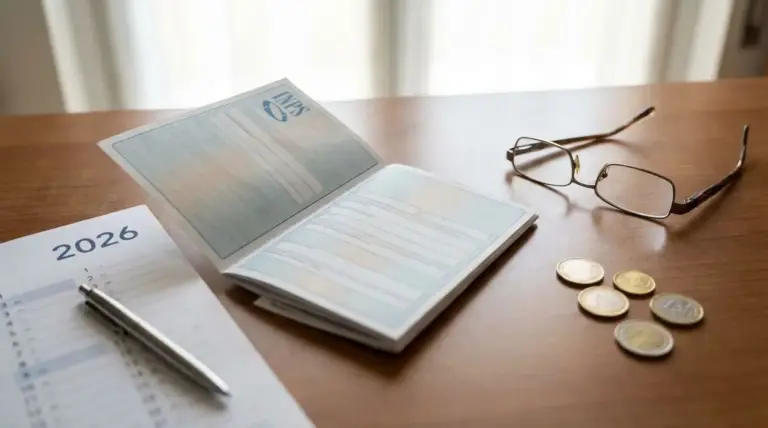 Libretto INPS, calendario 2026, monete e occhiali su un tavolo di legno