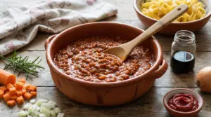 Ragù alla bolognese in una pentola di terracotta con ingredienti freschi sul tavolo