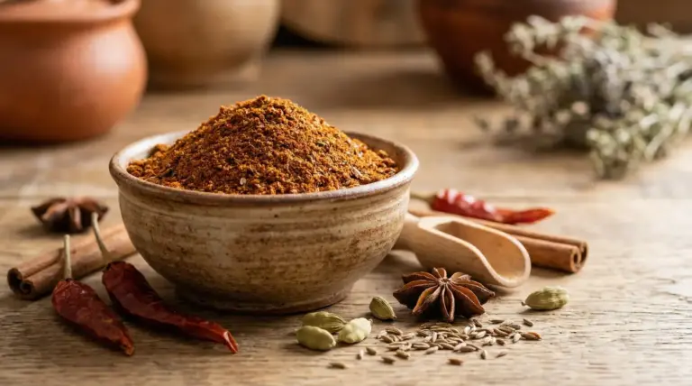 Ciotola di Ras el hanout con spezie assortite su un tavolo rustico