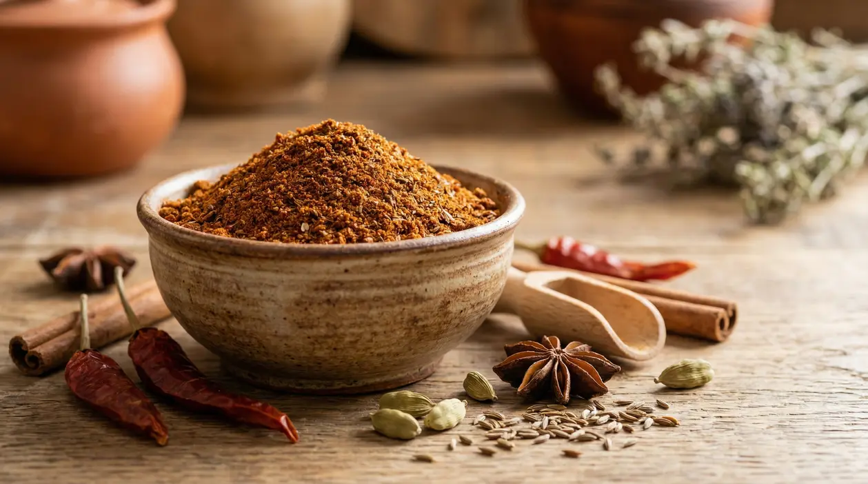 Ciotola di Ras el hanout con spezie assortite su un tavolo rustico