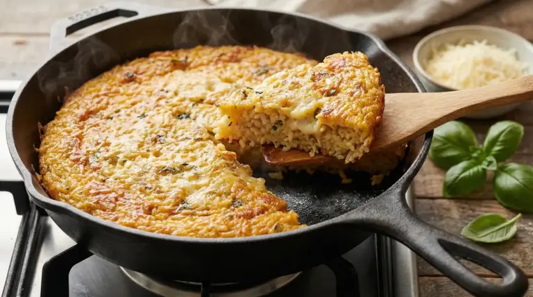 Torta di riso al formaggio in padella con una fetta sollevata su una spatola di legno