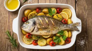 Orata al forno con patate, pomodorini e fette di limone in una pirofila bianca su tavolo di legno