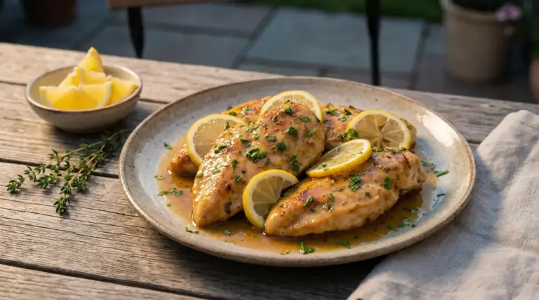 Petti di pollo al limone serviti con fette di limone e prezzemolo su un piatto di ceramica