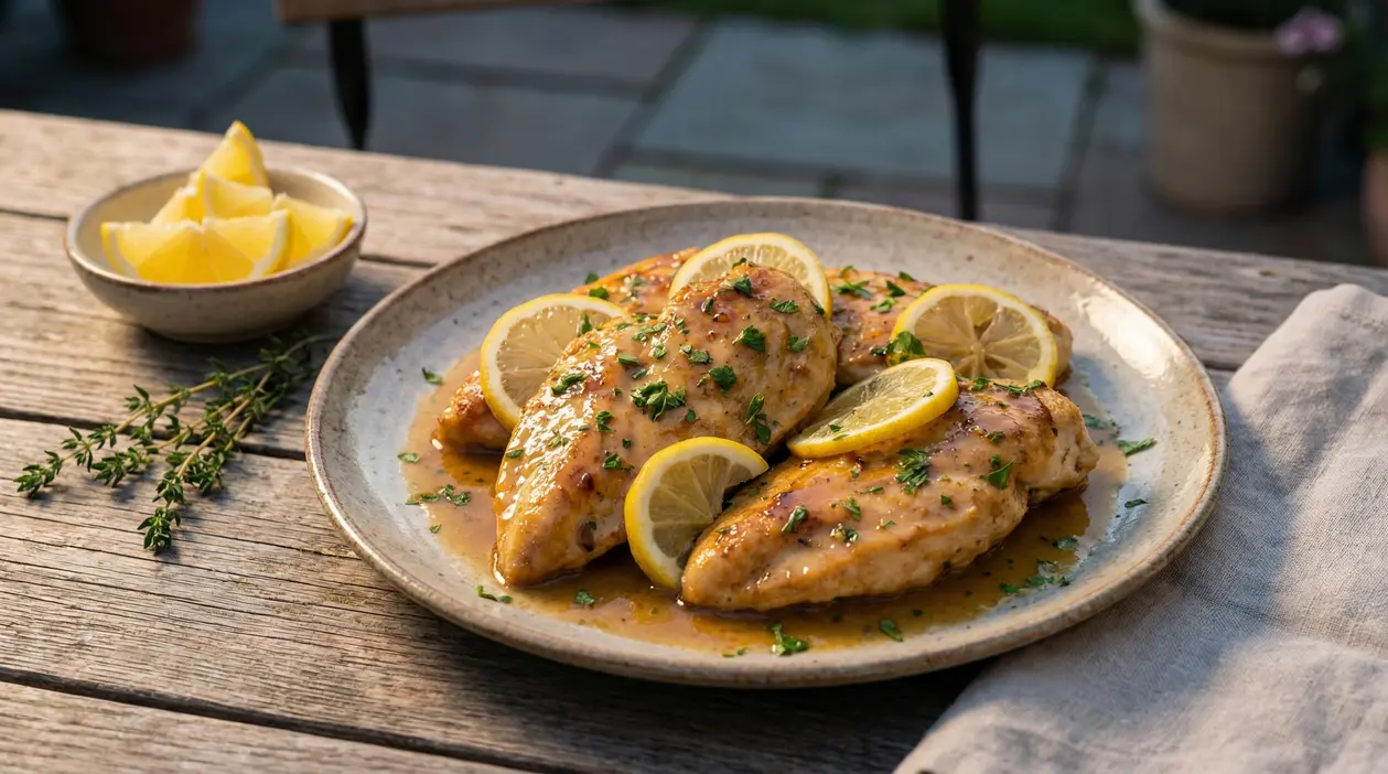 Petti di pollo al limone serviti con fette di limone e prezzemolo su un piatto di ceramica