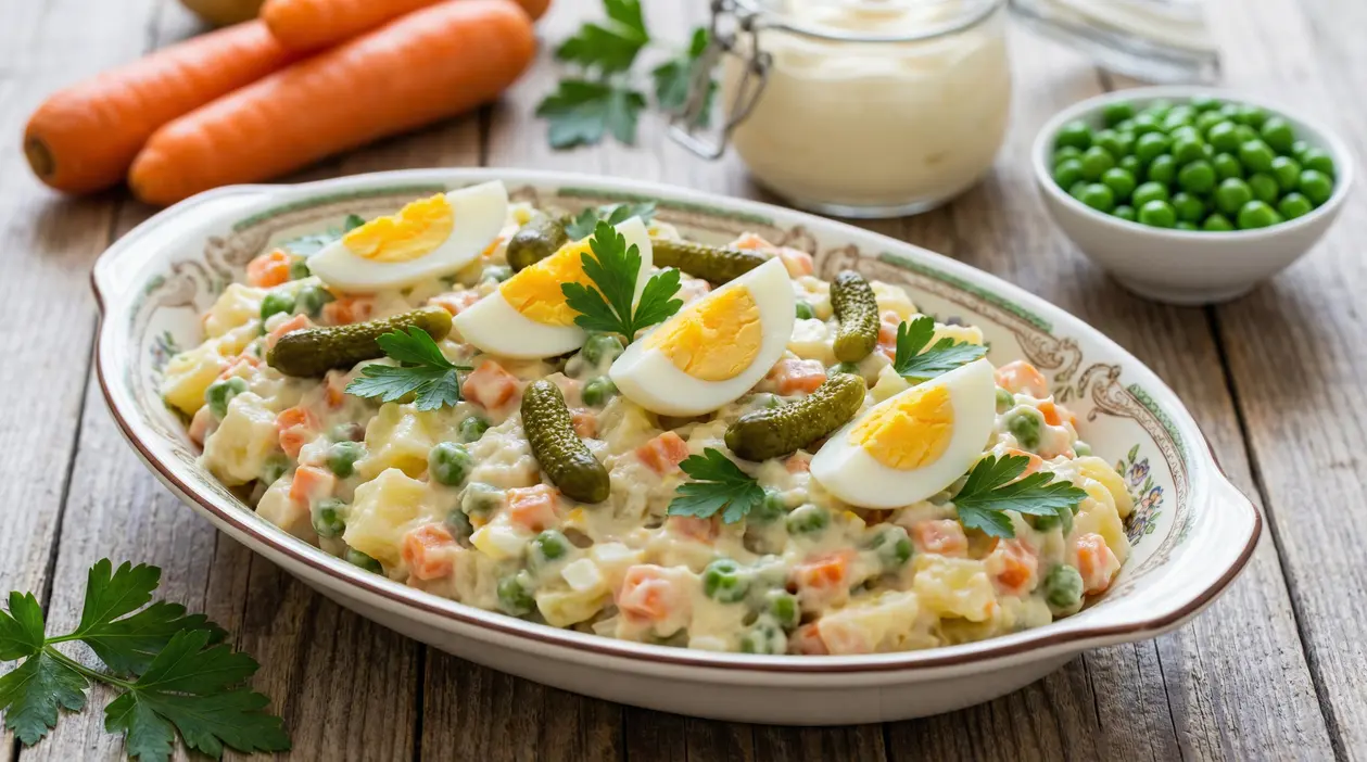 Insalata russa servita in un piatto decorato con uova sode, cetriolini e prezzemolo
