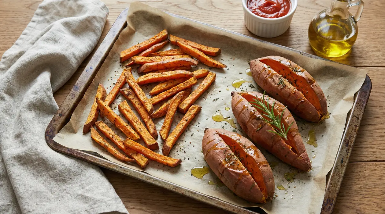 Patate dolci al forno intere e a bastoncini su una teglia con erbe e olio