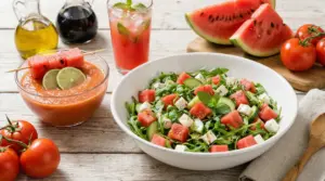 Insalata estiva con cocomero, feta e rucola accanto a gazpacho e bevanda fresca