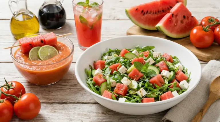 Insalata estiva con cocomero, feta e rucola accanto a gazpacho e bevanda fresca