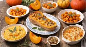 Varietà di piatti a base di zucca disposti su un tavolo rustico